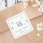 Whimsical Blue Wavy Frame Cream Wedding Square Sticker<br><div class="desc">Whimsical light cream stickers for your save the date announcements, engagement party, rehearsal dinner, wedding and reception invitations, and party favors featuring a french blue scalloped wavy frame border adorned with coquette bows, whimsical hand drawn illustrations of a heart, stars and wine glasses, and the names of the bride and...</div>