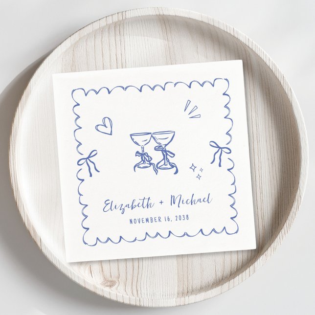 Whimsical Blue Wavy Frame Wedding Napkin (Creator Uploaded)