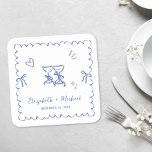Whimsical Blue Wavy Frame Wedding Square Paper Coaster<br><div class="desc">Romantic coasters for your engagement party,  rehearsal dinner,  wedding reception,  party favors,  etc.,  featuring a french blue wavy frame adorned with coquette bows,  whimsical hand drawn illustrations of a heart,  stars and wine glasses,  and the names of the bride and groom showcased in a playful blue script.</div>