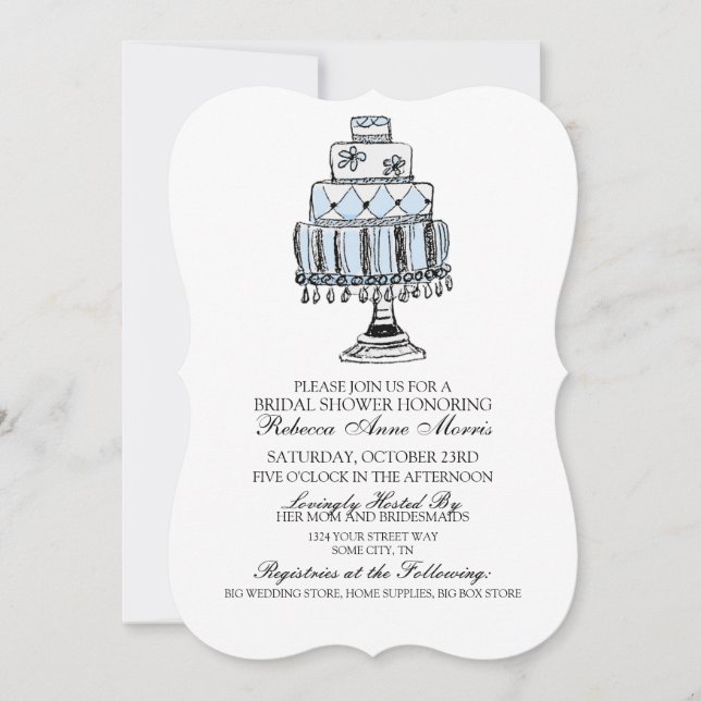 Whimsical Blue Wedding Cake Bridal Shower Invitation (Front)
