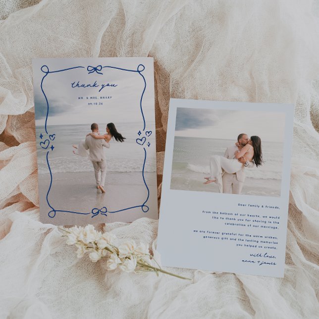 Whimsical Blue Wedding Photo Thank You Card (Creator Uploaded)
