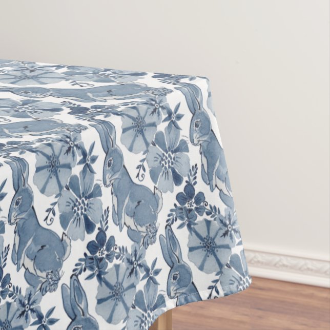 Whimsical Blue White Bunny Rabbit Floral Easter Tablecloth (In Situ)