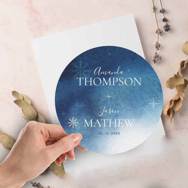 Whimsical Blue White Snowflake Wedding  Classic Round Sticker (Whimsical Blue White Snowflake Wedding Classic Round Sticker)