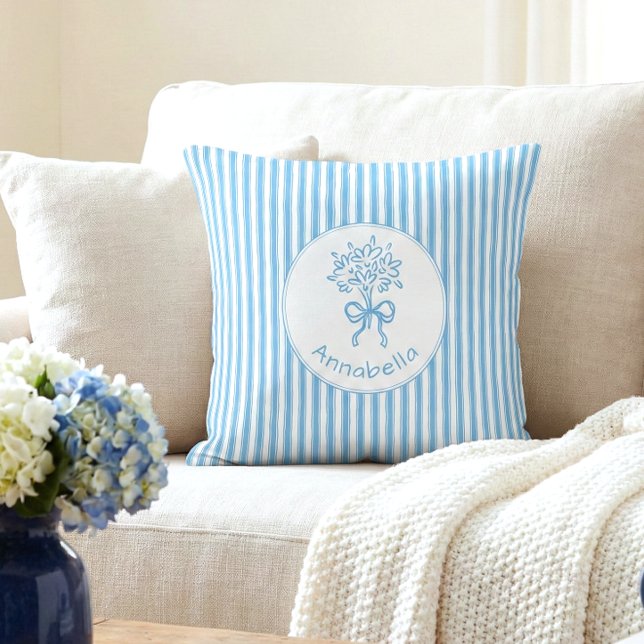 Whimsical Blue White Stripe Preppy Monogram Cushion (Creator Uploaded)