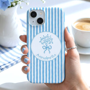 Whimsical Blue White Stripe Preppy Monogram iPhone 15 Case