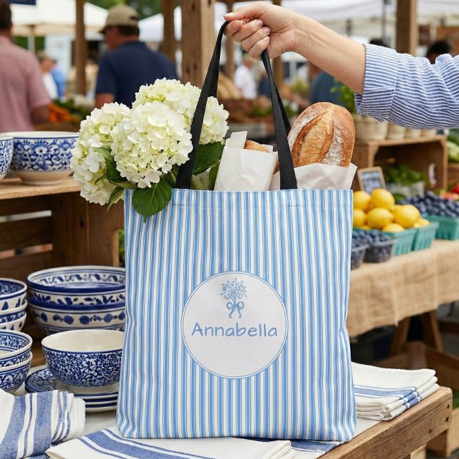 Whimsical Blue White Stripe Preppy Monogram Tote Bag (Creator Uploaded)