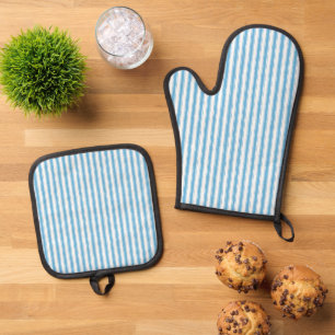 Whimsical Blue White Stripe Preppy Oven Mitt & Pot Holder Set
