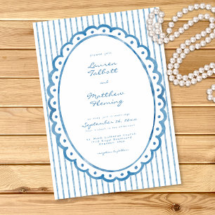 Whimsical Blue White Watercolor Stripe Wedding Invitation