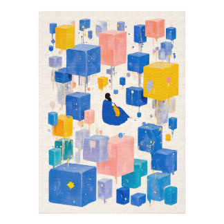 Whimsical Blue Yellow Watercolor Dreamer Cubes Abs Photo Print