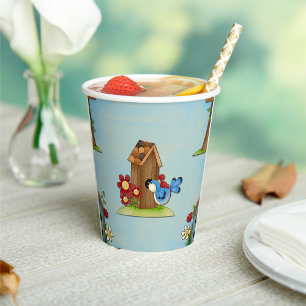 Whimsical Bluebird and Birdhouse Cute Spring Paper Cups