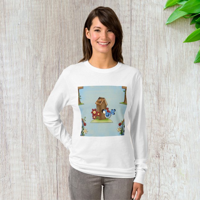 Whimsical Bluebird and Birdhouse Cute Spring T-Shirt (Creator Uploaded)