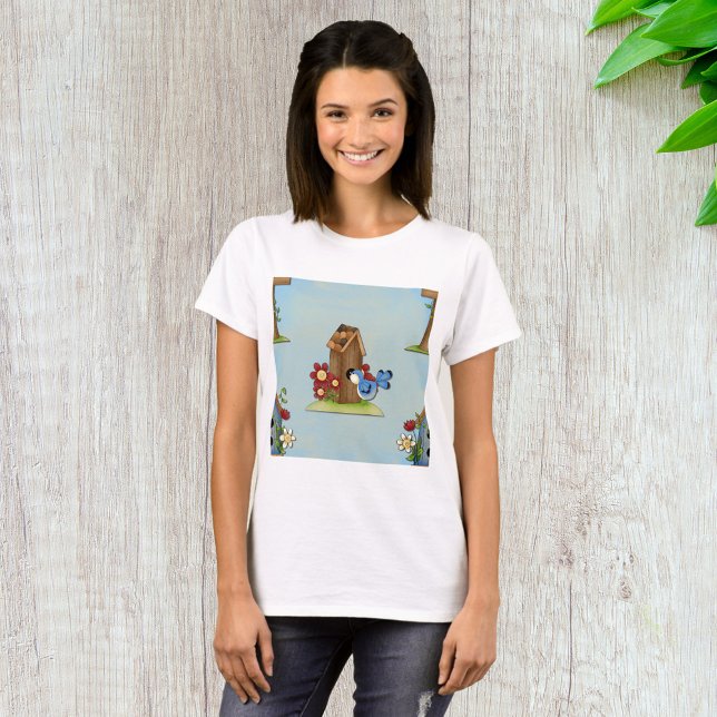 Whimsical Bluebird and Birdhouse Cute Spring T-Shirt (Creator Uploaded)