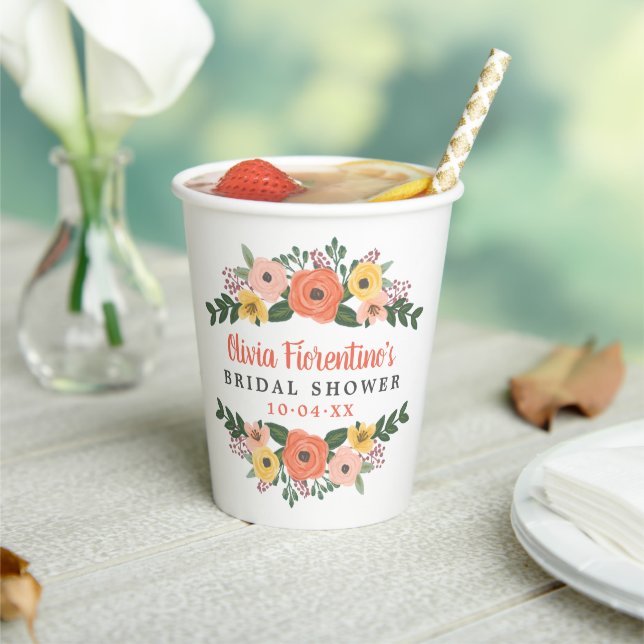 Whimsical Blush and Coral Floral Bridal Shower Paper Cups (Insitu)