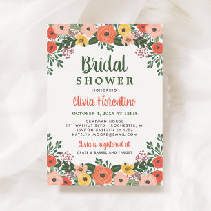 Whimsical Blush and Orange Floral Bridal Shower Invitation