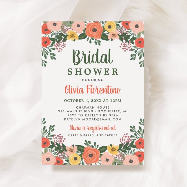 Whimsical Blush and Orange Floral Bridal Shower Invitation (Creator Uploaded)