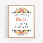 Whimsical Blush Coral Floral Bridal Shower Welcome Poster<br><div class="desc">Wedding bridal shower welcome poster / sign features stylish text framed by a whimsical summer or fall floral wreath design with colourful watercolor flowers, leaves, and greenery in shades of blush pink, golden yellow, coral, orange red, violet purple, and green. Includes stylish custom text that can be personalised with the...</div>
