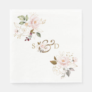 Whimsical Blush Gold Flowers Monogram Wedding Napkin