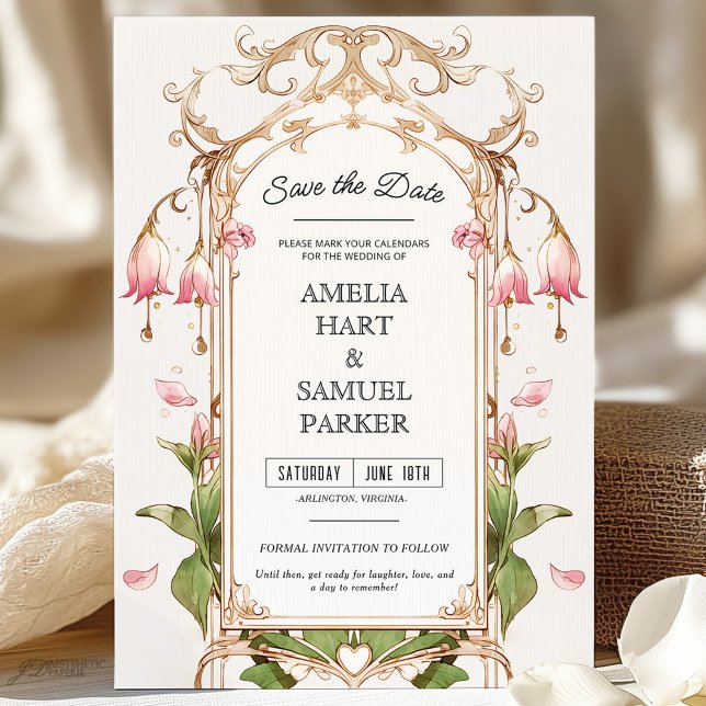 Whimsical Blush Pink and Gold Floral Save the Date Invitation (Creator Uploaded)