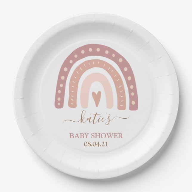 Whimsical Blush Pink Rainbow Girl Baby Shower Paper Plate (Front)