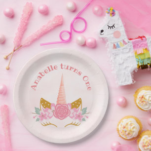 Whimsical Blush Pink Unicorn First Birthday Paper Plate