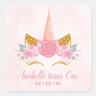 Whimsical Blush Pink Unicorn First Birthday Square Sticker