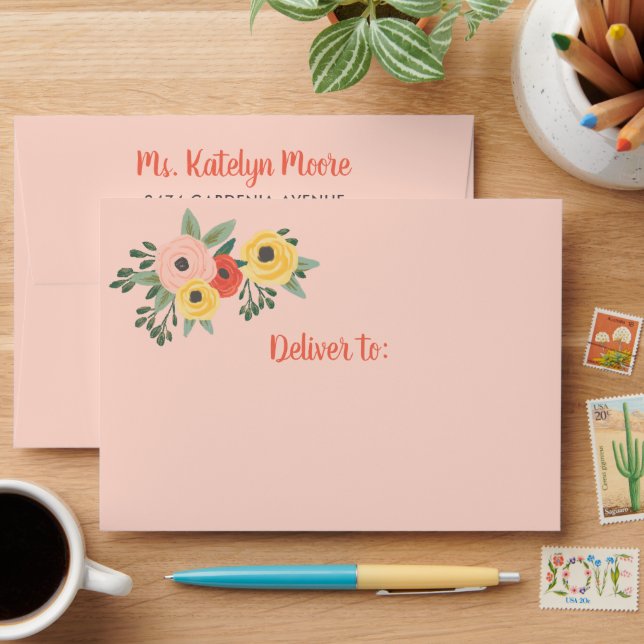 Whimsical Blush Pink Watercolor Floral Wedding Envelope (Desk)