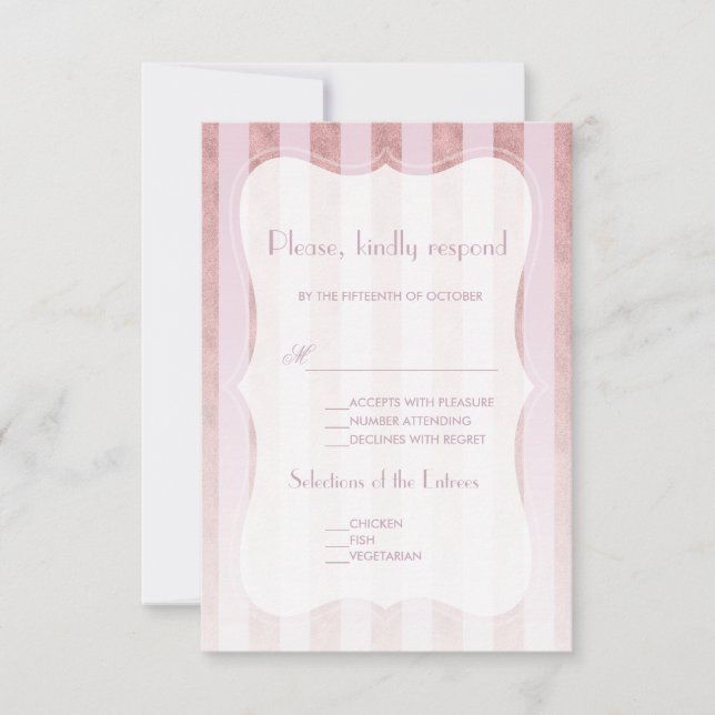Whimsical Blush Rose Gold Stripes Wedding RSVP Card (Front)