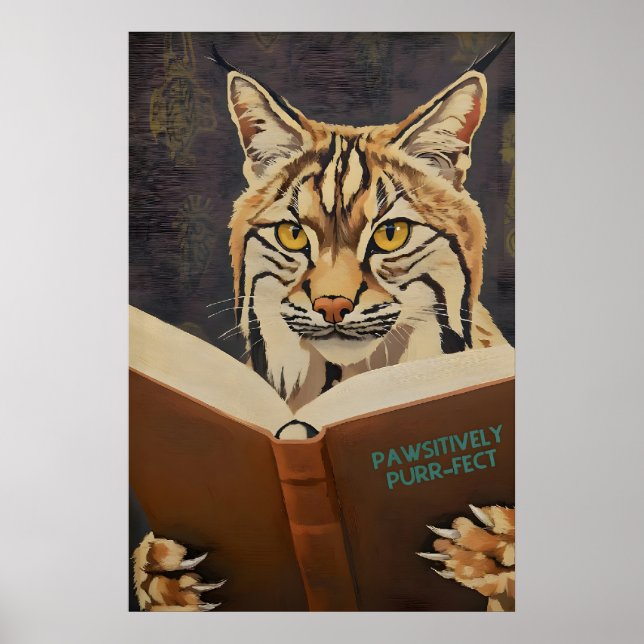 Whimsical Bobcat Reading Book Art Print - Literary (Front)