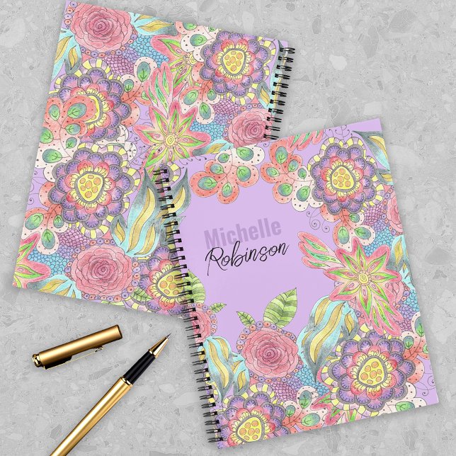 Whimsical Bohemian Colourful Flowers on Purple Notebook (Creator Uploaded)