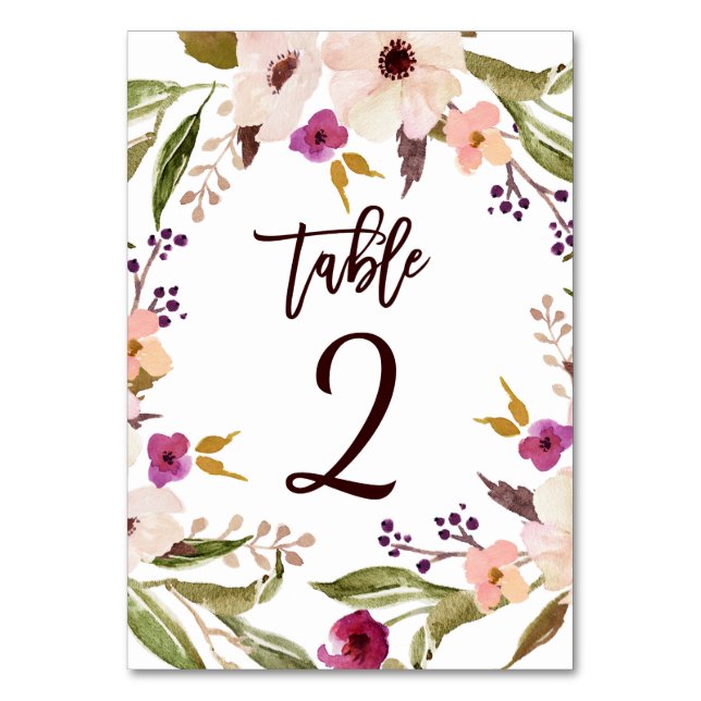 Whimsical Bohemian Floral Wreath Table Numbers (Front)