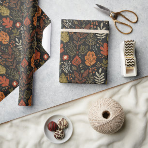 Whimsical Boho Autumn Leaves on Black Wrapping Paper