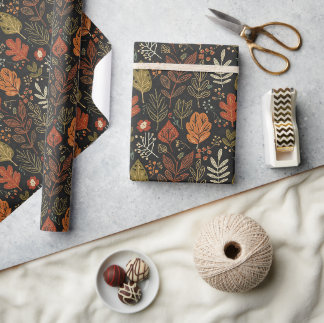 Whimsical Boho Autumn Leaves on Black Wrapping Paper