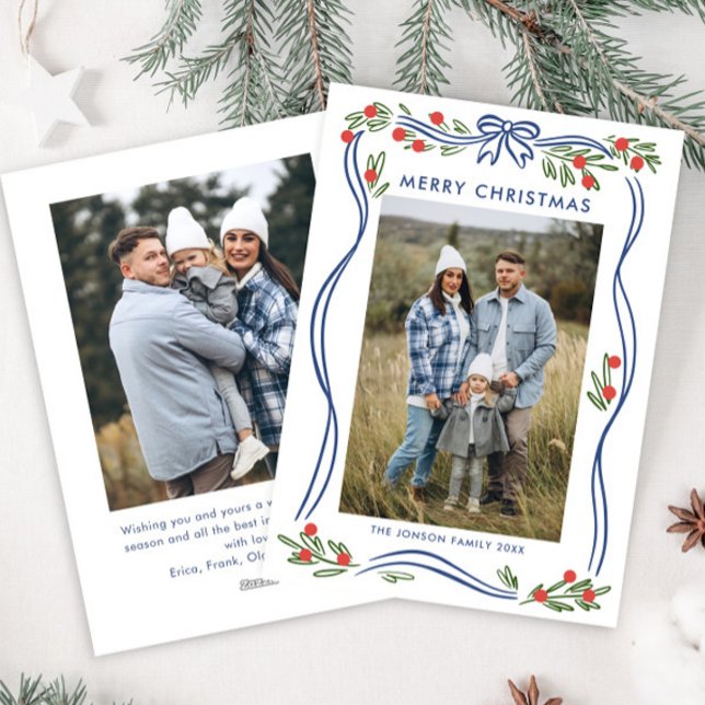 Whimsical Boho Blue Christmas Bow Ribbon 2 Photo Holiday Card (Creator Uploaded)