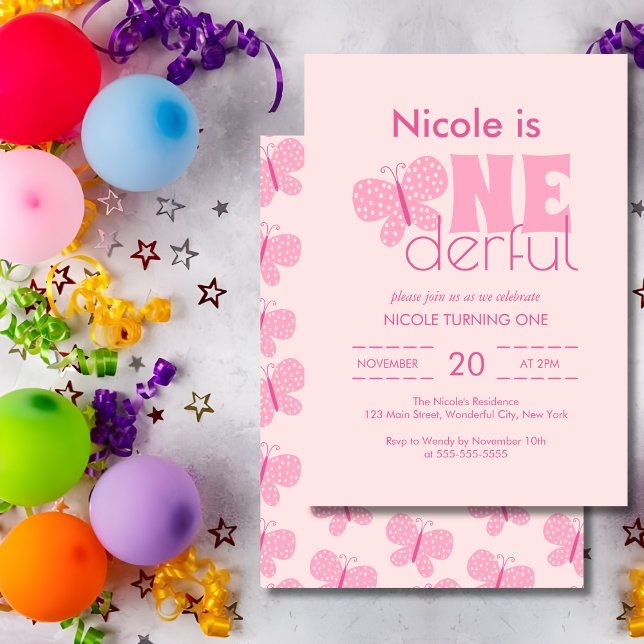 Whimsical Boho Butterfly Retro 1st Birthday Pink Invitation (Creator Uploaded)