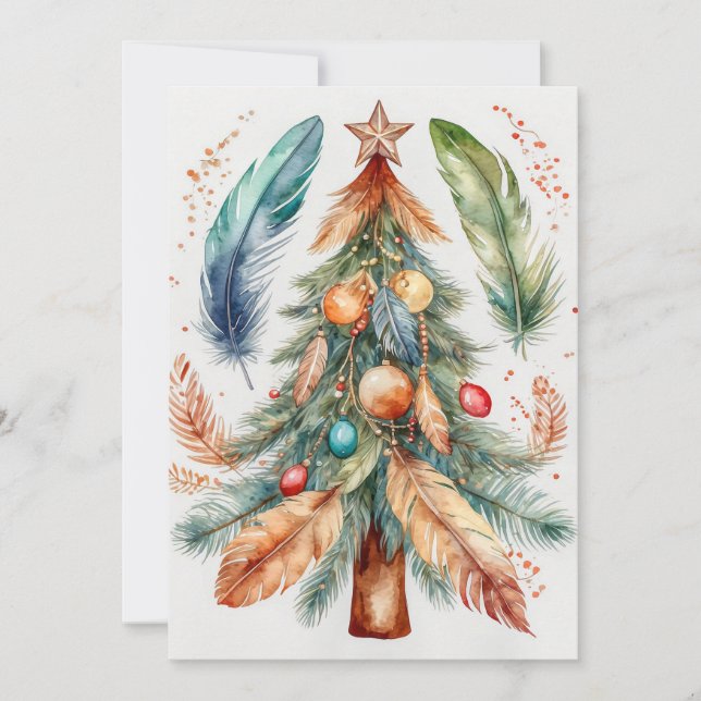 Whimsical Boho Christmas Tree Ornaments & Feathers Holiday Card (Front)