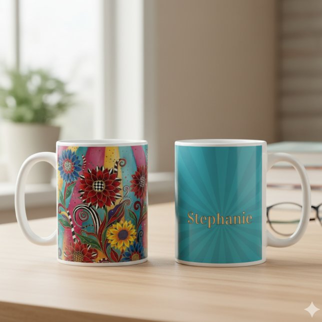 Whimsical Boho Floral – Vibrant Birthday Gift Coffee Mug (Whimsical floral personalized coffee mug)
