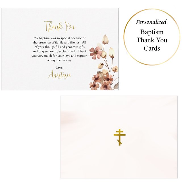 Whimsical Boho Flowers Orthodox Christian Baptism Thank You Card (Creator Uploaded)