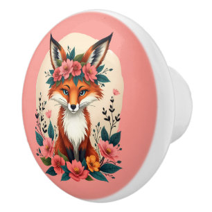 Whimsical Boho Fox with Floral Crown Woodland Ceramic Knob