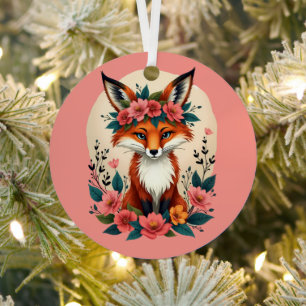 Whimsical Boho Fox with Floral Crown Woodland Metal Tree Decoration