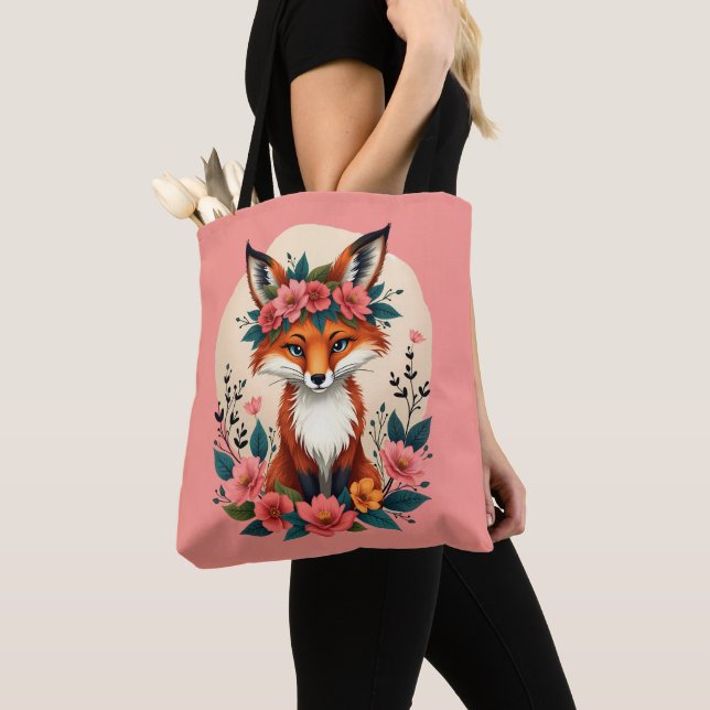 Whimsical Boho Fox with Floral Crown Woodland Tote Bag (Close Up)