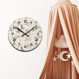 Whimsical Boho Jungle Dinosaur Pattern Nursery Round Clock