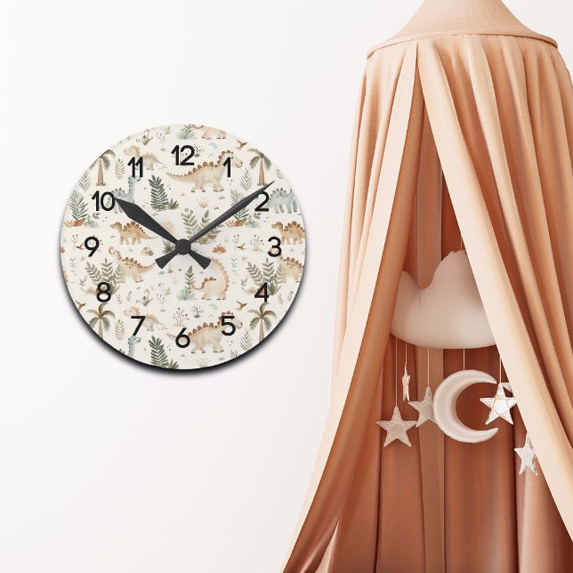 Whimsical Boho Jungle Dinosaur Pattern Nursery Round Clock (Creator Uploaded)