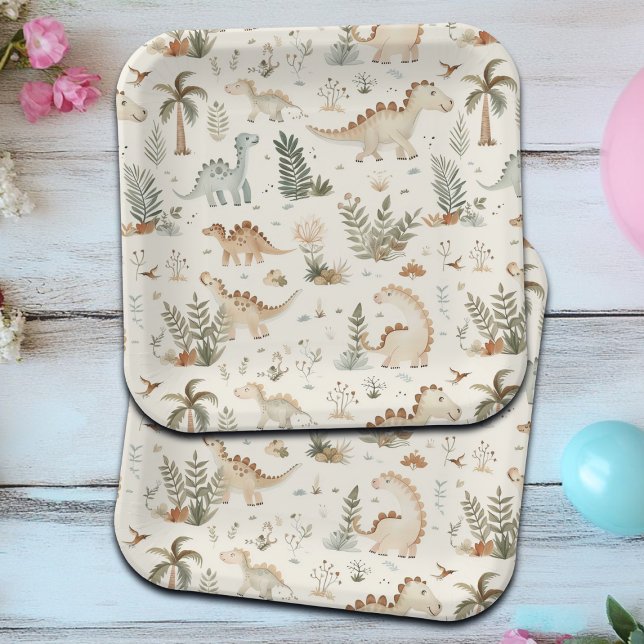 Whimsical Boho Jungle Dinosaur Pattern Paper Plate (Creator Uploaded)