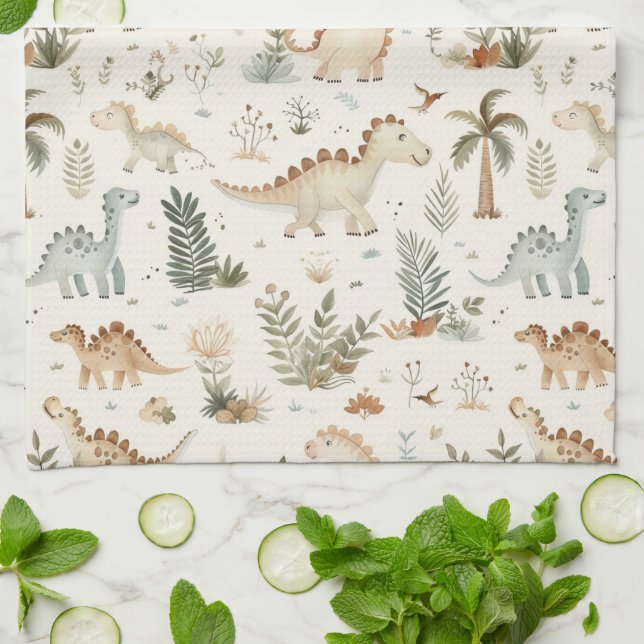 Whimsical Boho Jungle Dinosaur Pattern Tea Towel (Folded)