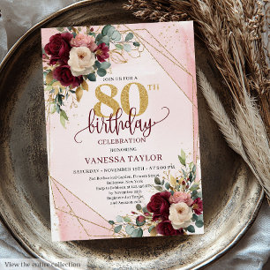 Whimsical Boho Merlot Gold Flowers 80th Birthday  Invitation