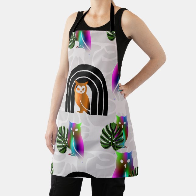 Whimsical Boho Owl & Tropical Monstera Leaf Apron (Insitu)