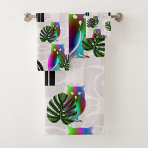 Whimsical Boho Owl & Tropical Monstera Leaf Bath Towel Set