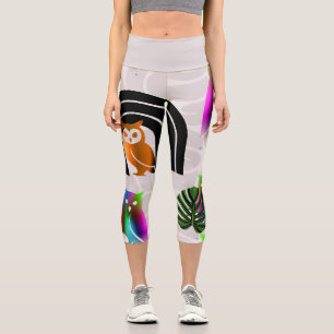 Whimsical Boho Owl & Tropical Monstera Leaf Capri Leggings