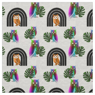 Whimsical Boho Owl & Tropical Monstera Leaf Fabric
