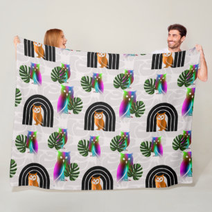 Whimsical Boho Owl & Tropical Monstera Leaf Fleece Blanket